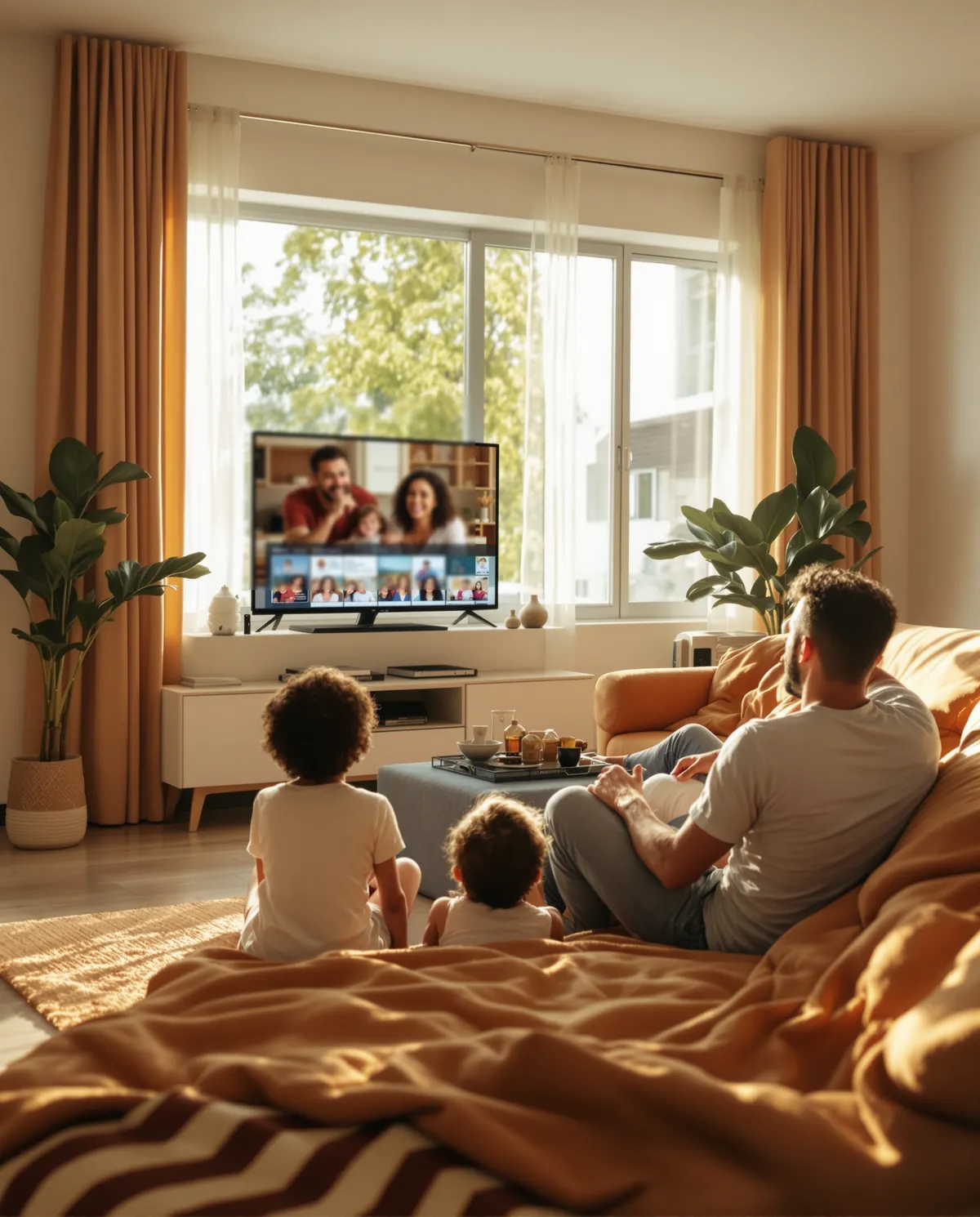 Família assistindo streaming na sala de casa com internet fibra